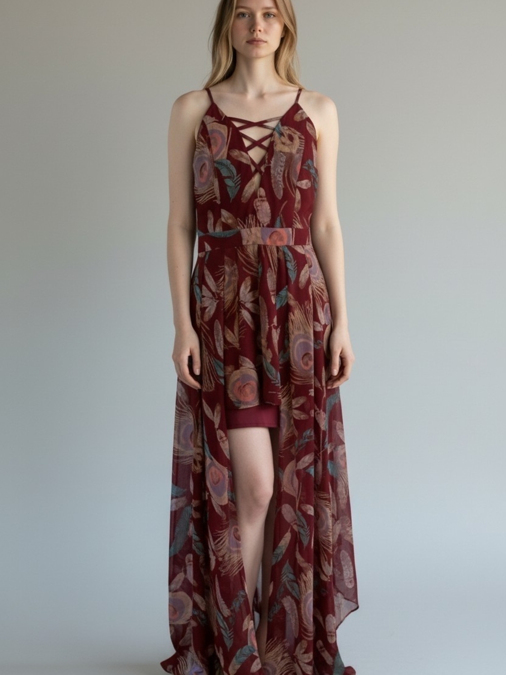 Miss Avenue Burgundy Floral High-Low Maxi Dress with Crisscross Bodice